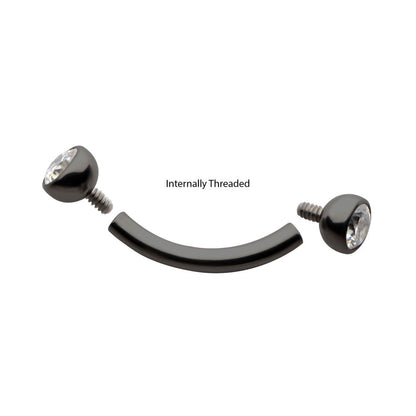 Black PVD Titanium Internally Threaded Double Bezel Gem End Curved Barbell