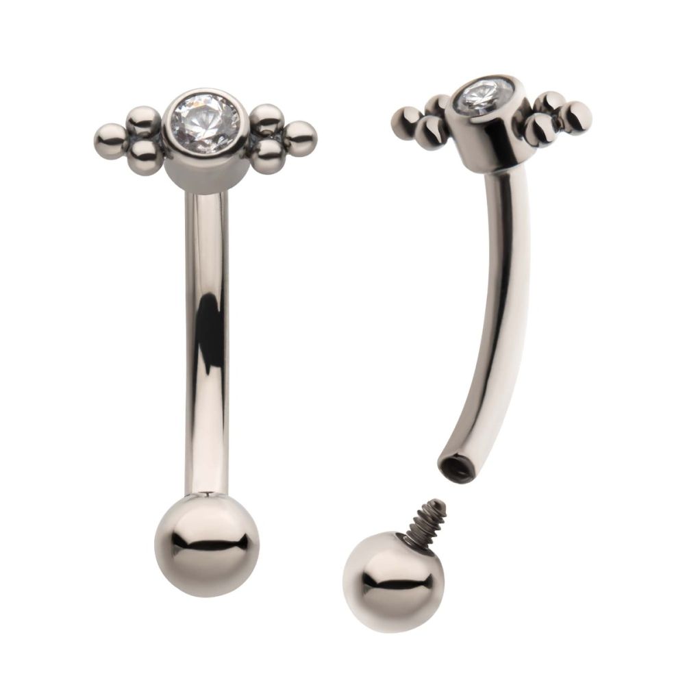 Titanium Internally Threaded with Tri Bead Bezel Set CZ Cluster Fixed Top Curved Barbell