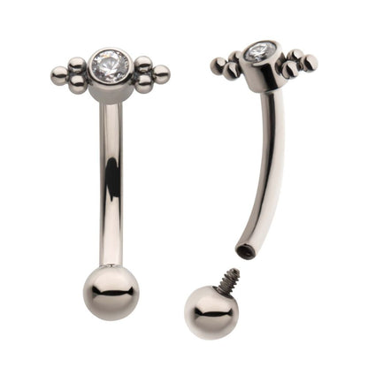 Titanium Internally Threaded with Tri Bead Bezel Set CZ Cluster Fixed Top Curved Barbell
