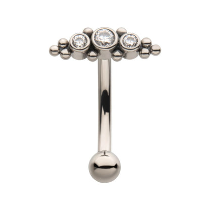 Titanium Internally Threaded with Beaded Bezel Set CZ 3-Cluster Fixed Top Curved Barbell