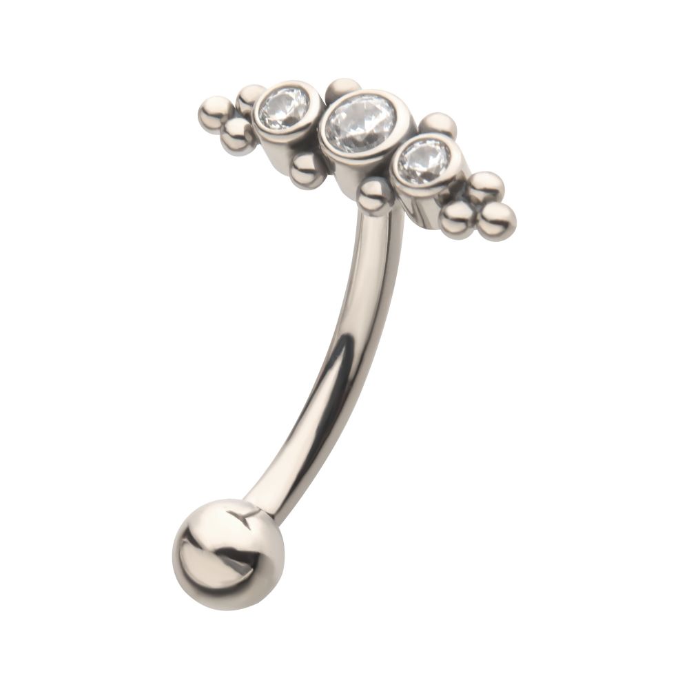 Titanium Internally Threaded with Beaded Bezel Set CZ 3-Cluster Fixed Top Curved Barbell