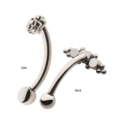 Titanium Internally Threaded with Beaded Bezel Set CZ 3-Cluster Fixed Top Curved Barbell