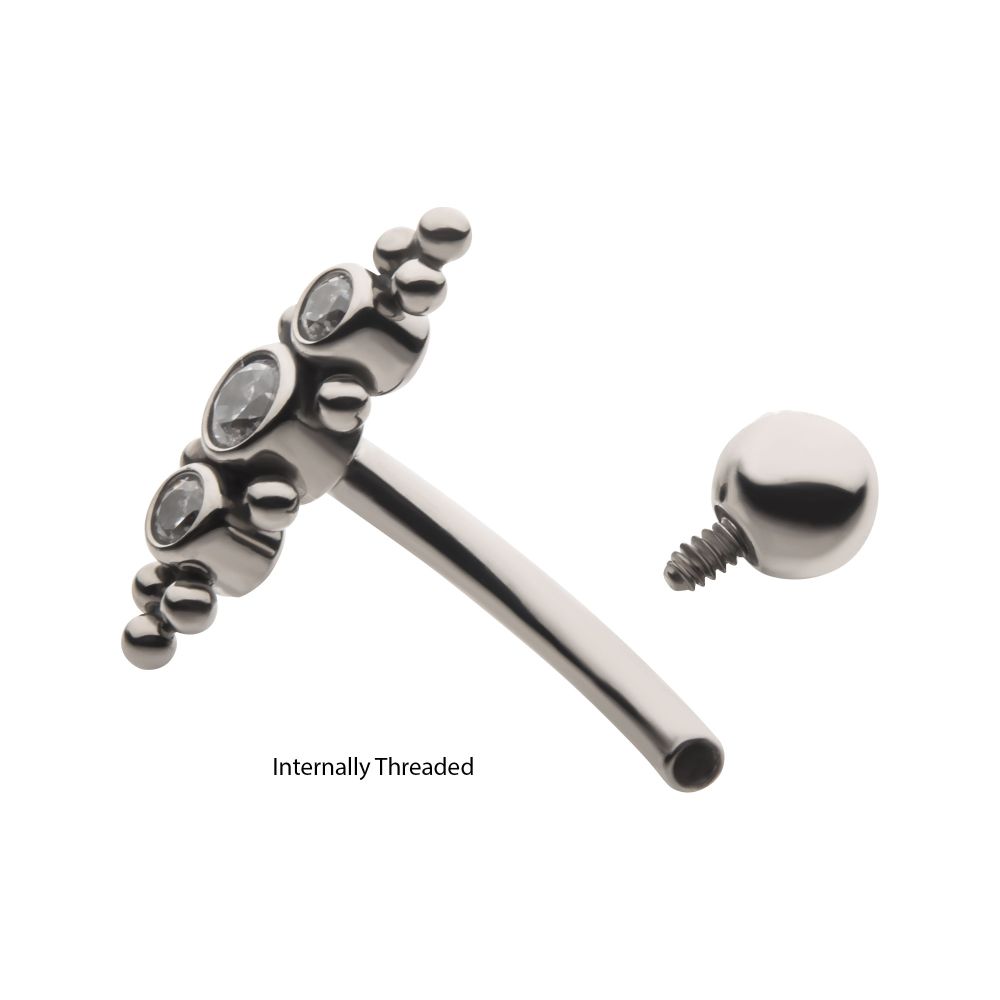 Titanium Internally Threaded with Beaded Bezel Set CZ 3-Cluster Fixed Top Curved Barbell