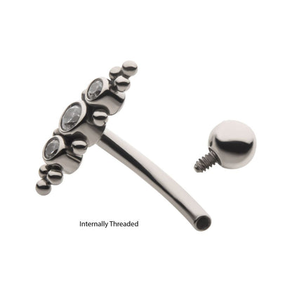 Titanium Internally Threaded with Beaded Bezel Set CZ 3-Cluster Fixed Top Curved Barbell