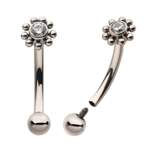 Titanium Internally Threaded with Beaded Bezel Set CZ Flower Fixed Top Curved Barbell