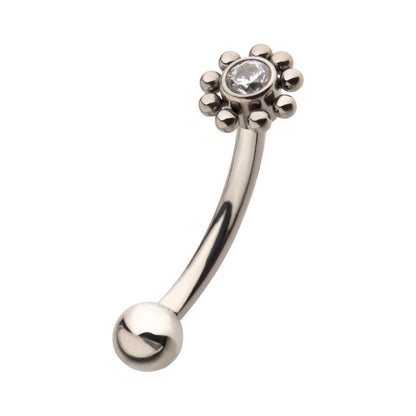 Titanium Internally Threaded with Beaded Bezel Set CZ Flower Fixed Top Curved Barbell