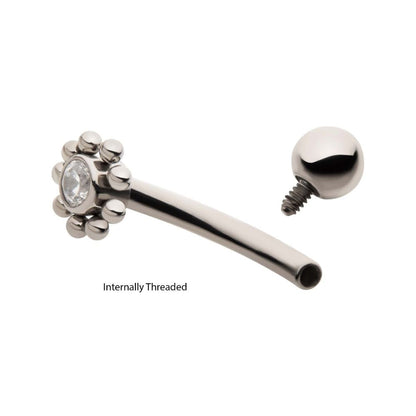 Titanium Internally Threaded with Beaded Bezel Set CZ Flower Fixed Top Curved Barbell