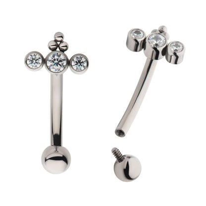 Titanium Internally Threaded with Tri Bead & 3-Cluster Bezel Set Clear AAA CZ Fixed Top Curved Barbell