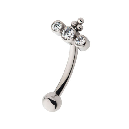 Titanium Internally Threaded with Tri Bead & 3-Cluster Bezel Set Clear AAA CZ Fixed Top Curved Barbell