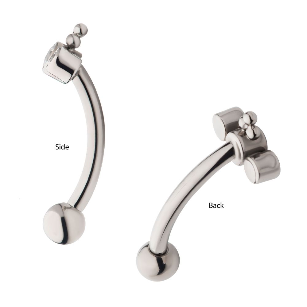 Titanium Internally Threaded with Tri Bead & 3-Cluster Bezel Set Clear AAA CZ Fixed Top Curved Barbell