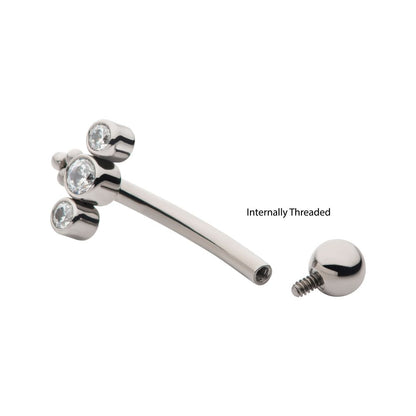 Titanium Internally Threaded with Tri Bead & 3-Cluster Bezel Set Clear AAA CZ Fixed Top Curved Barbell