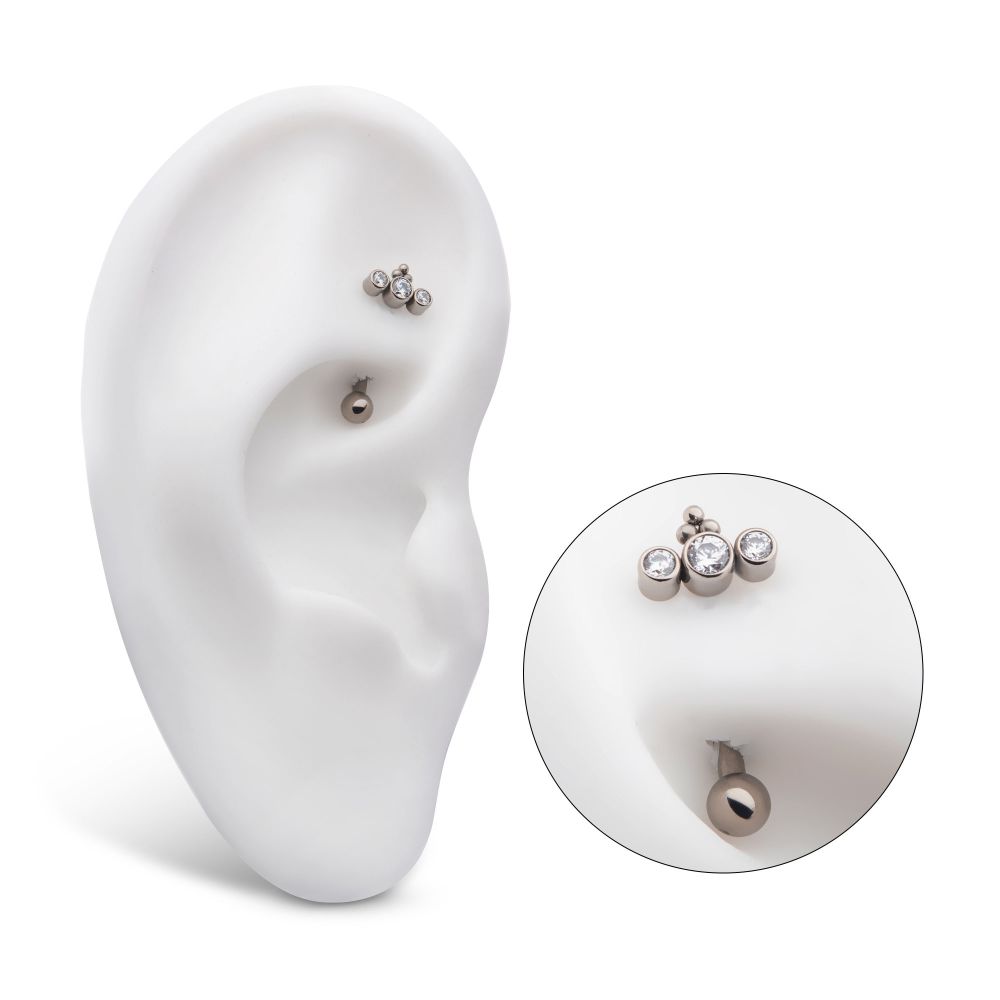 Titanium Internally Threaded with Tri Bead & 3-Cluster Bezel Set Clear AAA CZ Fixed Top Curved Barbell