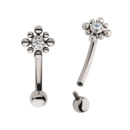 Titanium Internally Threaded with Beads Around Bezel Set Clear AAA CZ Flower Fixed Top Curved Barbell