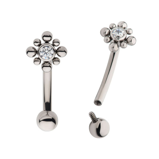 Titanium Internally Threaded with Beads Around Bezel Set Clear AAA CZ Flower Fixed Top Curved Barbell