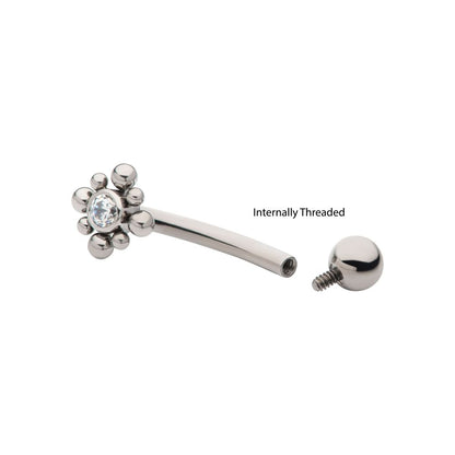 Titanium Internally Threaded with Beads Around Bezel Set Clear AAA CZ Flower Fixed Top Curved Barbell