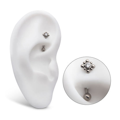 Titanium Internally Threaded with Beads Around Bezel Set Clear AAA CZ Flower Fixed Top Curved Barbell