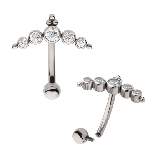 Titanium Internally Threaded with Tri Bead & 5-Cluster Bezel Set Clear AAA CZ Fixed Top Curved Barbell