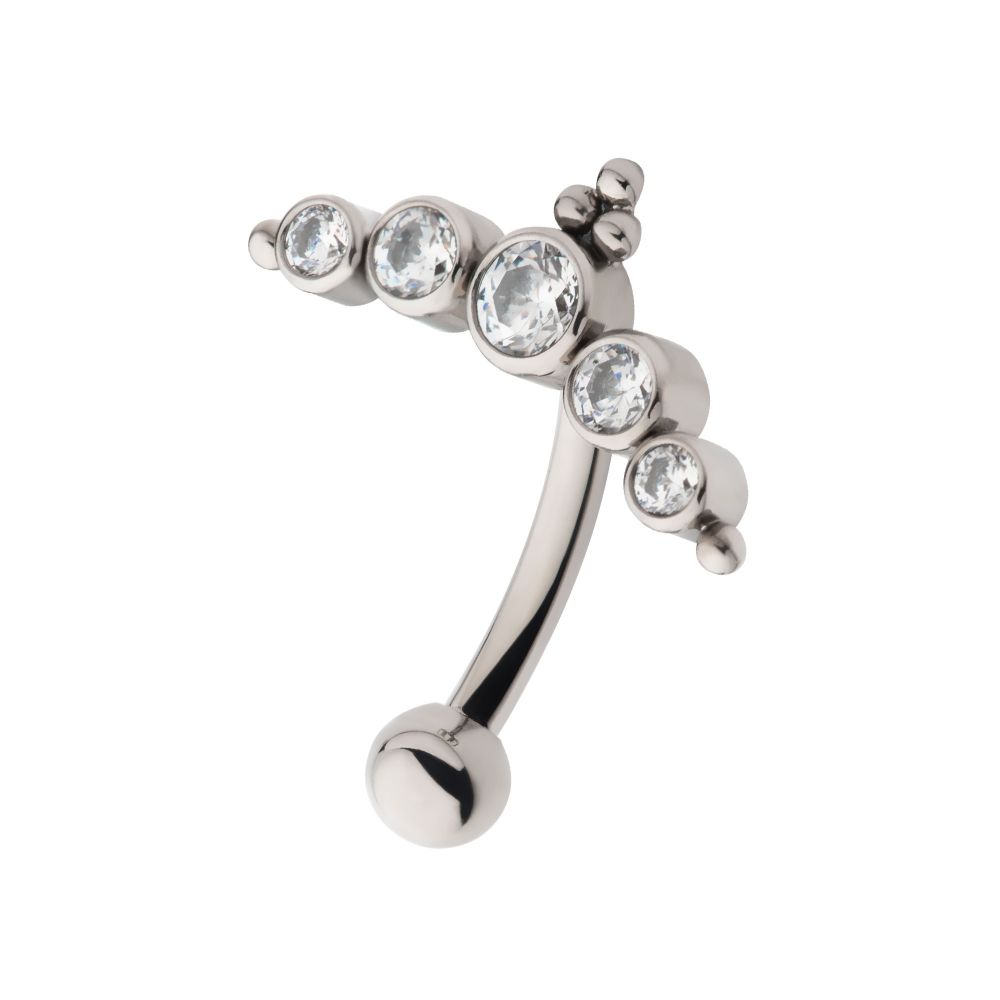 Titanium Internally Threaded with Tri Bead & 5-Cluster Bezel Set Clear AAA CZ Fixed Top Curved Barbell