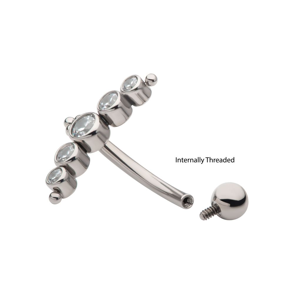 Titanium Internally Threaded with Tri Bead & 5-Cluster Bezel Set Clear AAA CZ Fixed Top Curved Barbell