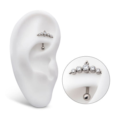 Titanium Internally Threaded with Tri Bead & 5-Cluster Bezel Set Clear AAA CZ Fixed Top Curved Barbell