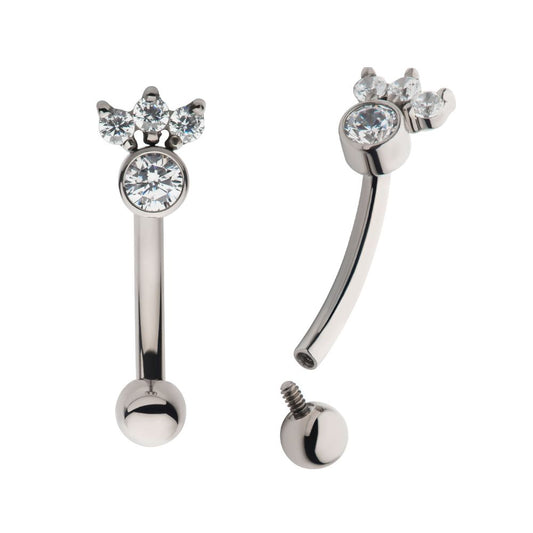 Titanium Internally Threaded with 4 Clear AAA CZ Fixed Top Curved Barbell