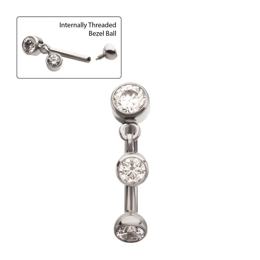 Titanium Internally Threaded Bezel Gem Fixed Top Curved Barbell with Floating Round CZ Dangle