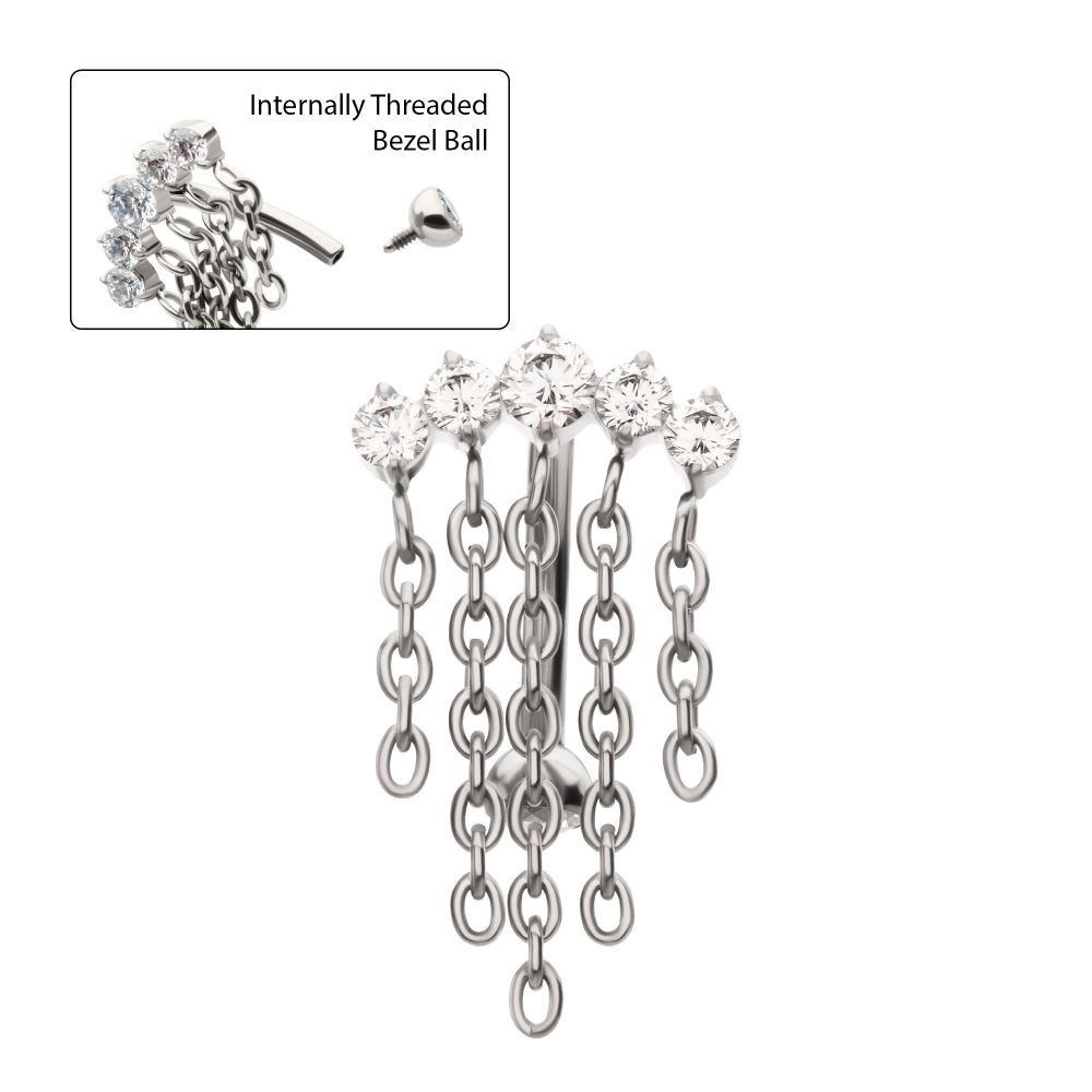 Titanium Internally Threaded 5-Cluster Prong Gem Fixed Top Curved Barbell with 5 Chain Dangle