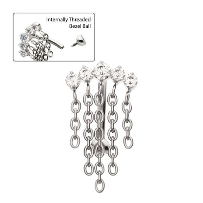 Titanium Internally Threaded 5-Cluster Prong Gem Fixed Top Curved Barbell with 5 Chain Dangle