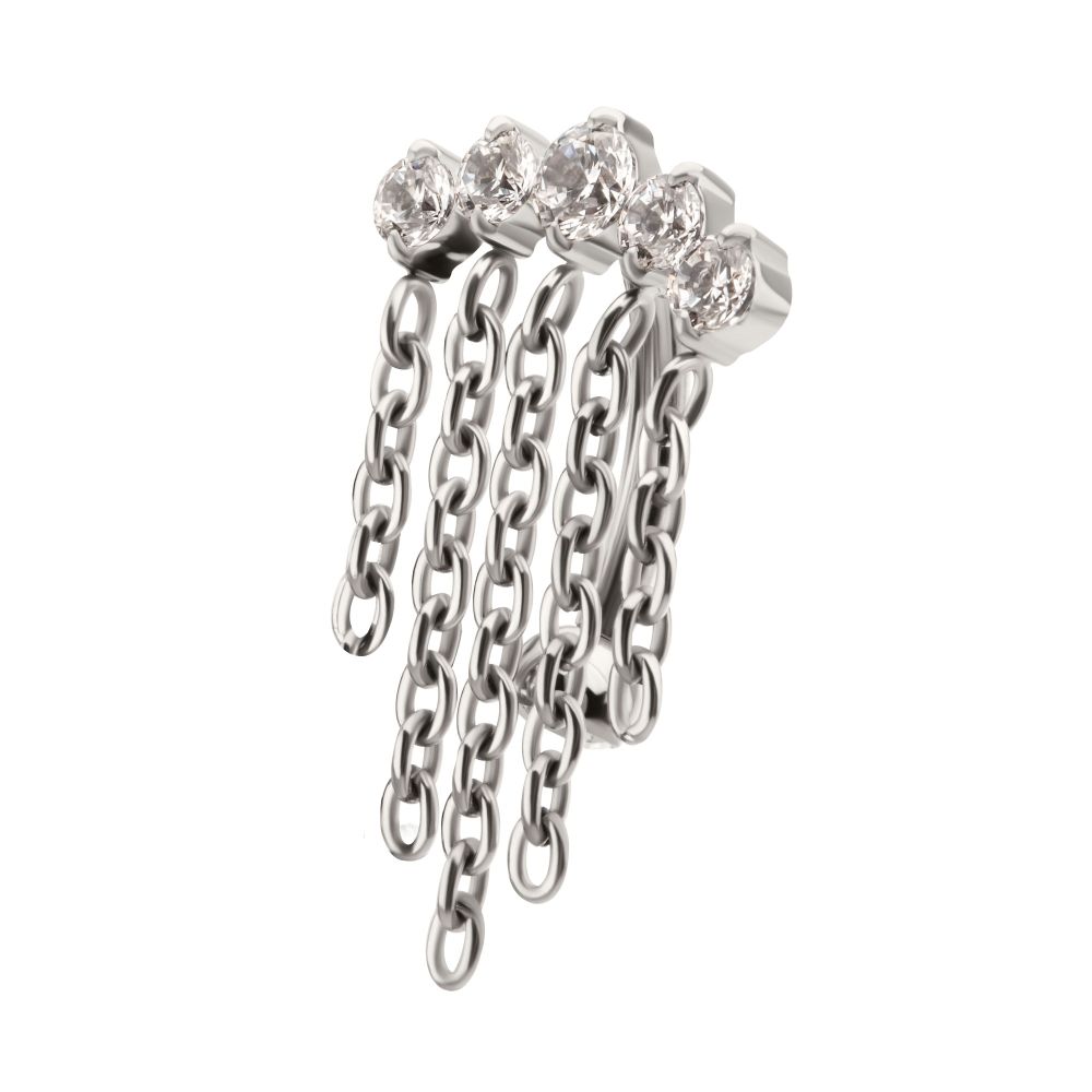 Titanium Internally Threaded 5-Cluster Prong Gem Fixed Top Curved Barbell with 5 Chain Dangle