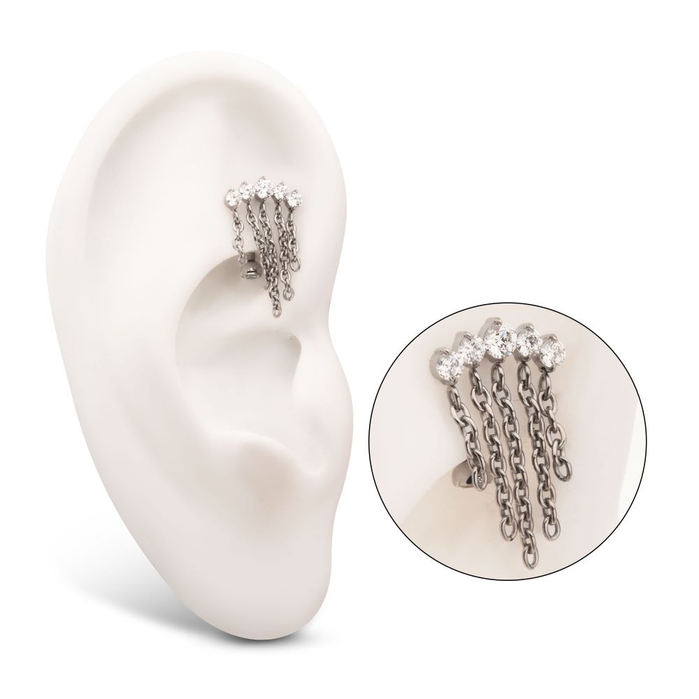 Titanium Internally Threaded 5-Cluster Prong Gem Fixed Top Curved Barbell with 5 Chain Dangle