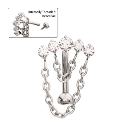 Titanium Internally Threaded 5-Cluster Prong Gem Fixed Top Curved Barbell with 2 Tier Chain Dangle