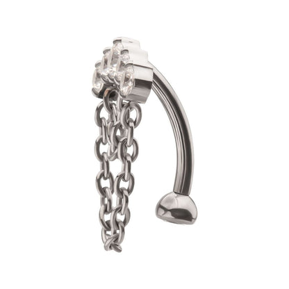 Titanium Internally Threaded 5-Cluster Prong Gem Fixed Top Curved Barbell with 2 Tier Chain Dangle