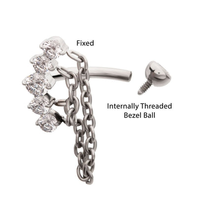 Titanium Internally Threaded 5-Cluster Prong Gem Fixed Top Curved Barbell with 2 Tier Chain Dangle