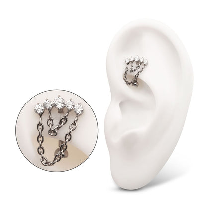 Titanium Internally Threaded 5-Cluster Prong Gem Fixed Top Curved Barbell with 2 Tier Chain Dangle