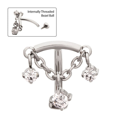 Titanium Internally Threaded Fixed Top Curved Barbell with Triple Floating Prong Gem Dangle