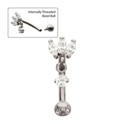 Titanium Internally Threaded V-Prong Triple Marquise Gem Fixed Top Curved Barbell with Floating Prong Gem Dangle