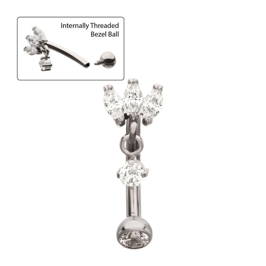 Titanium Internally Threaded V-Prong Triple Marquise Gem Fixed Top Curved Barbell with Floating Prong Gem Dangle