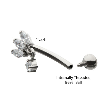 Titanium Internally Threaded V-Prong Triple Marquise Gem Fixed Top Curved Barbell with Floating Prong Gem Dangle