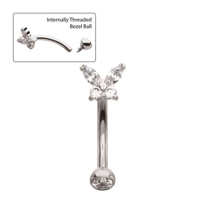 Titanium Internally Threaded Butterfly Fixed Top Curved Barbell with Prong Set Marquise & Round Gem