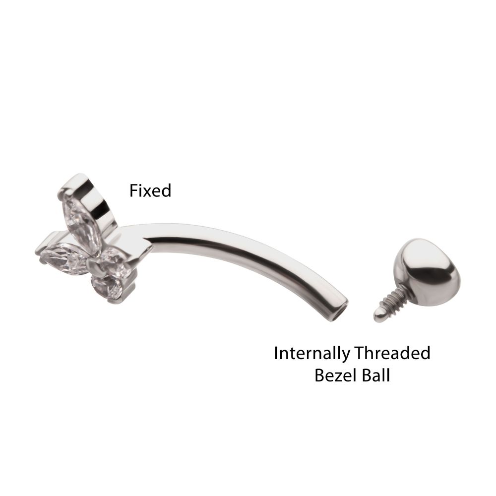 Titanium Internally Threaded Butterfly Fixed Top Curved Barbell with Prong Set Marquise & Round Gem