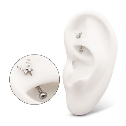 Titanium Internally Threaded Butterfly Fixed Top Curved Barbell with Prong Set Marquise & Round Gem
