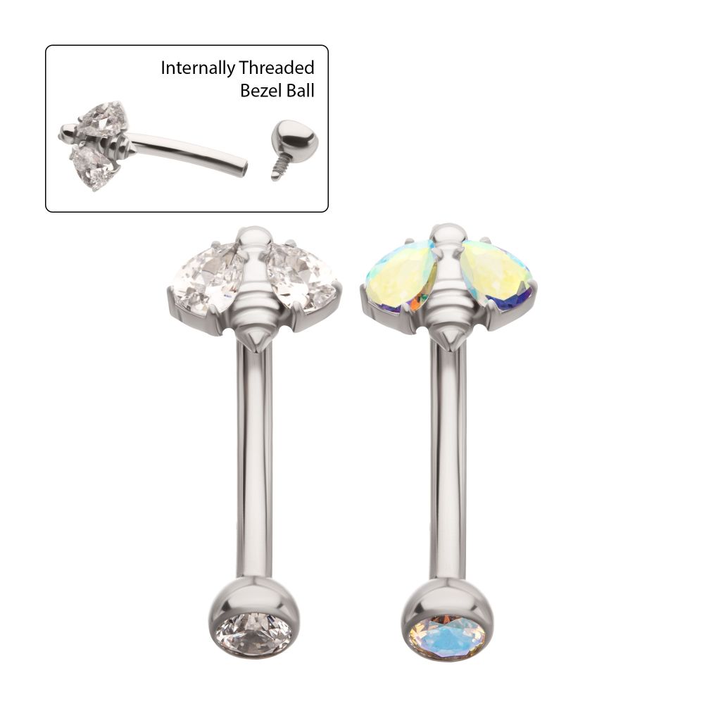 Titanium Internally Threaded Bee Fixed Top Curved Barbell with Prong Set Teardrop Gem
