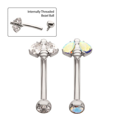 Titanium Internally Threaded Bee Fixed Top Curved Barbell with Prong Set Teardrop Gem