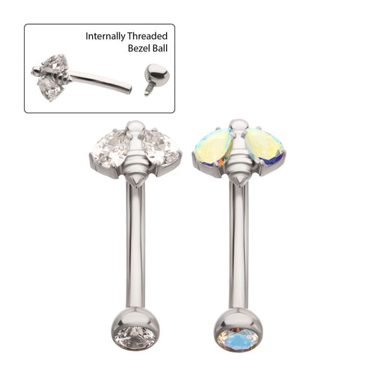 Titanium Internally Threaded Bee Fixed Top Curved Barbell with Prong Set Teardrop Gem