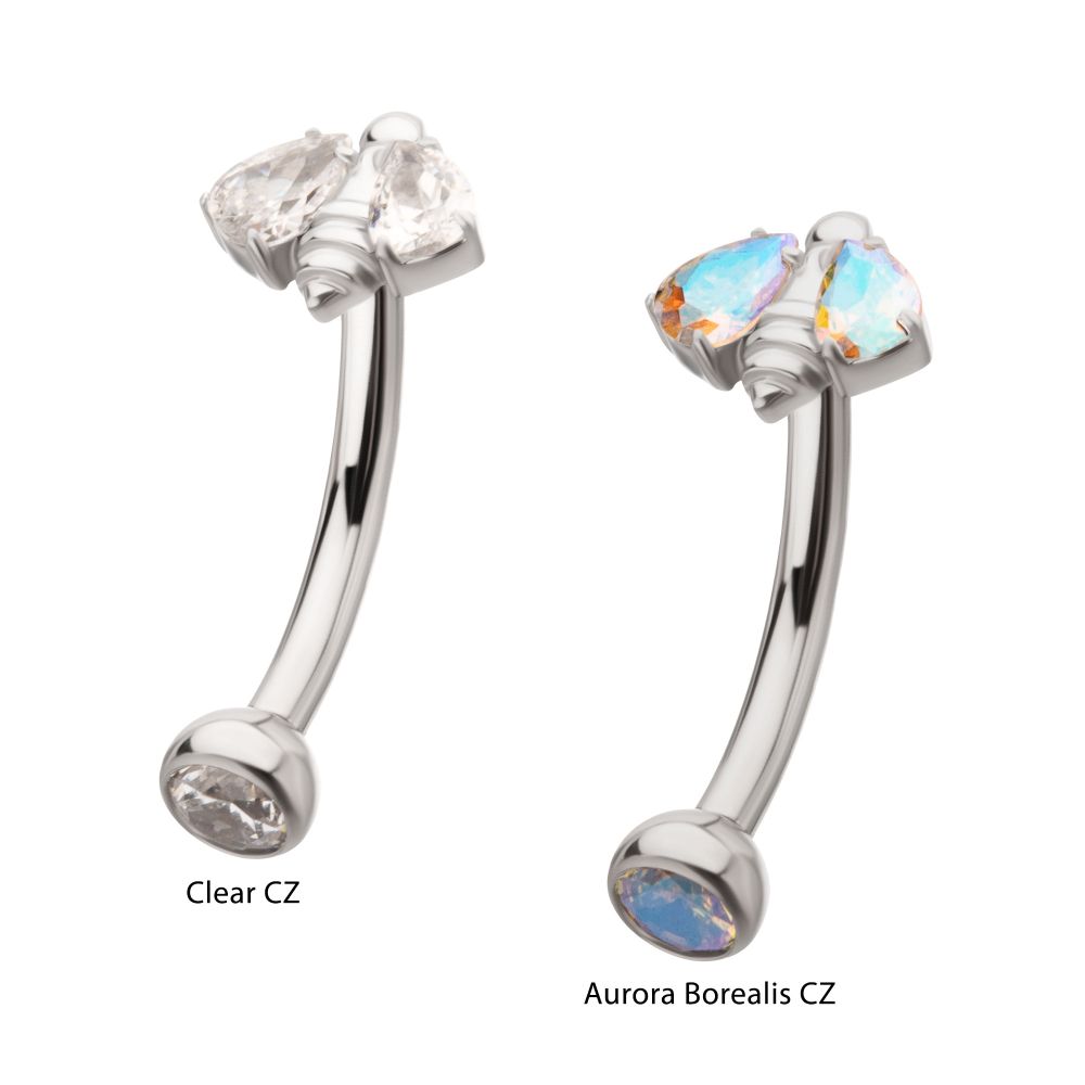 Titanium Internally Threaded Bee Fixed Top Curved Barbell with Prong Set Teardrop Gem