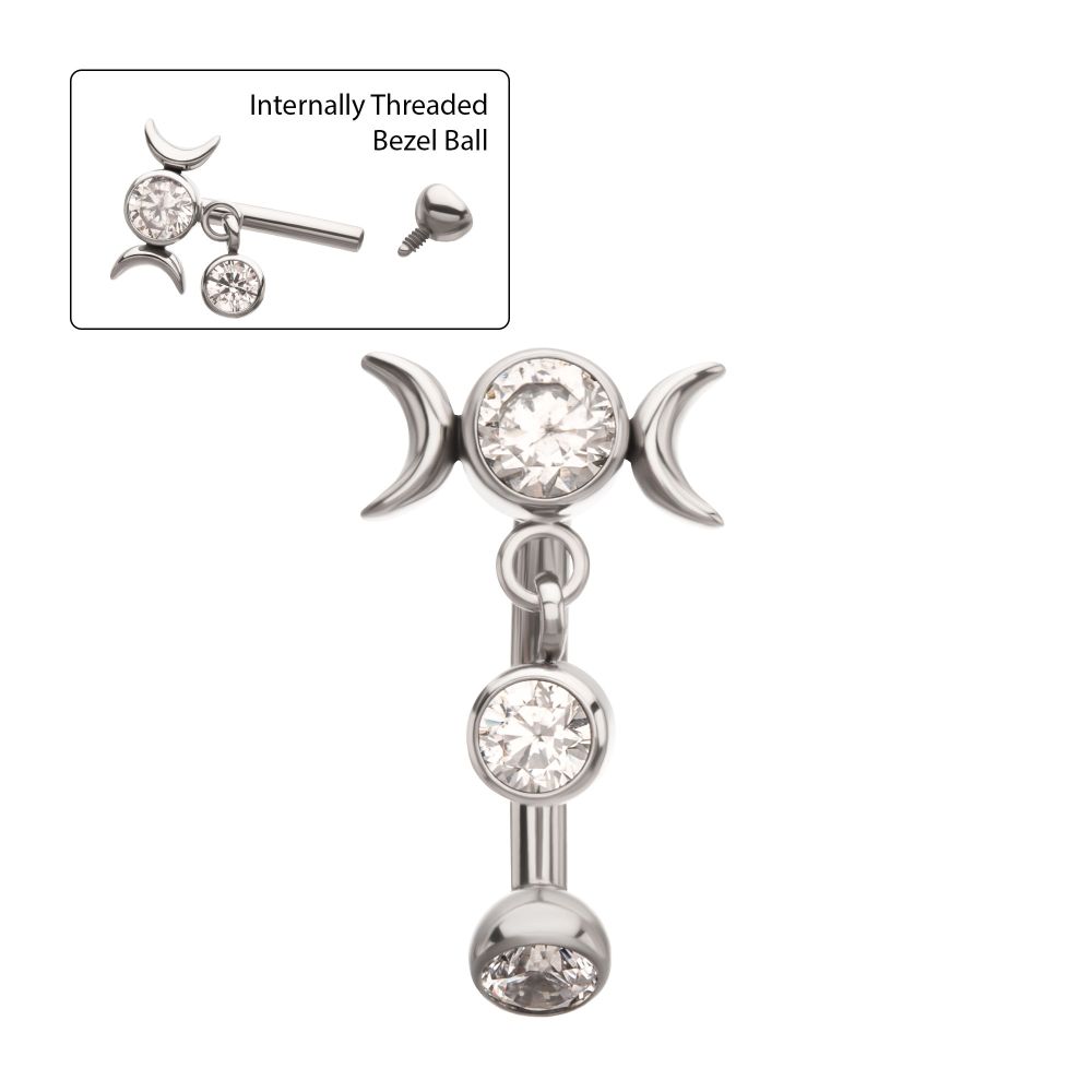 Titanium Internally Threaded Gem Triple Moon Phase Fixed Top Curved Barbell with Floating Bezel CZ Dangle