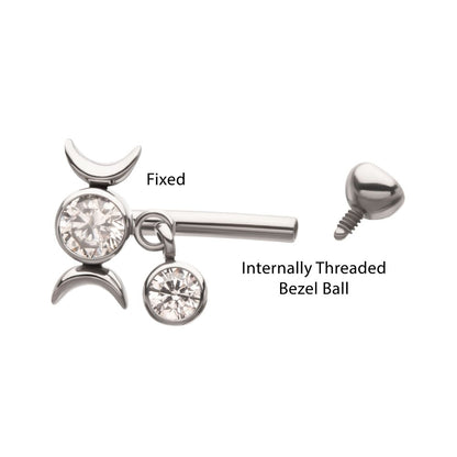 Titanium Internally Threaded Gem Triple Moon Phase Fixed Top Curved Barbell with Floating Bezel CZ Dangle