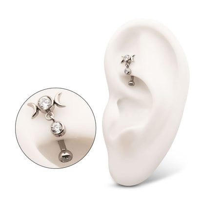 Titanium Internally Threaded Gem Triple Moon Phase Fixed Top Curved Barbell with Floating Bezel CZ Dangle