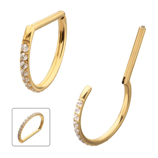 24Kt Gold PVD Titanium D-Ring Clicker with CNC Set Clear CZ Gem