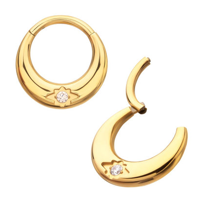24Kt Gold PVD Titanium Etched Design with Prong Set Gem Sleek Dome Septum Front Facing Hinged Segment Clicker